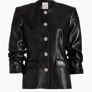Cinq à Sept Black Leather Jacket with Crystal Buttons